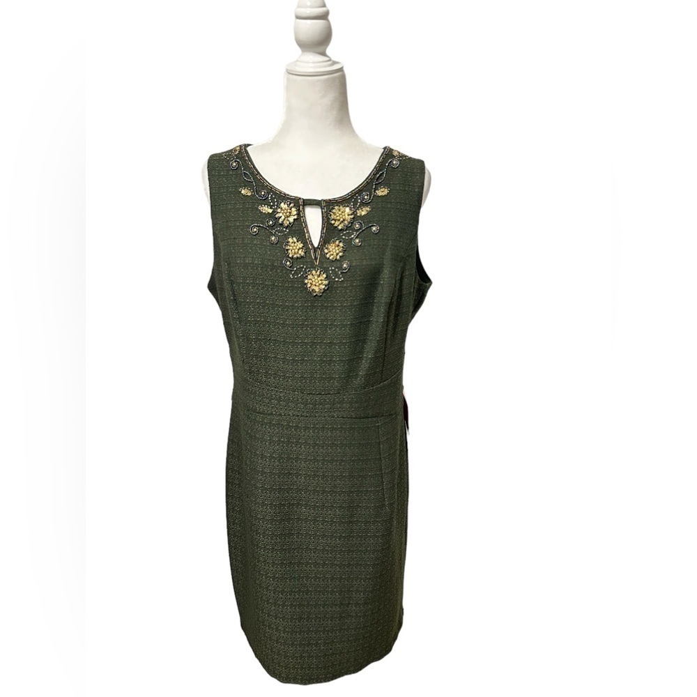Ellen Tracy Olive Green Sheath Dress With Embellished Neckline Size 12